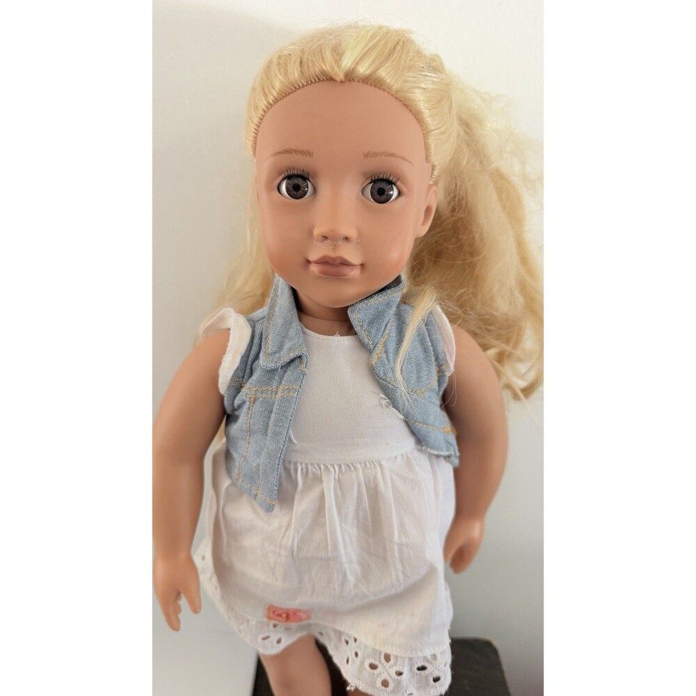Our Generation Phoebe Hair Grow Doll 18” Blonde Hair Blue Eyes Denim Vest Dress - Picture 7 of 13